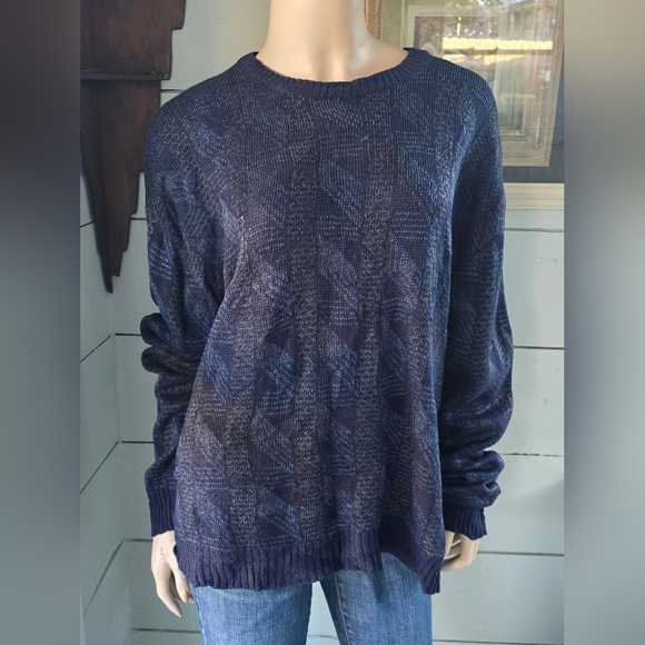 Vintage 80s 90s Munsingwear Blue Geometric Tight Knit Pullover Sweater Large - Picture 2 of 6